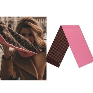 Authentic Gucci GG Logo Brown Pink 35x180cm/14"x71" Wool/Silk Shawl Scarf NWT